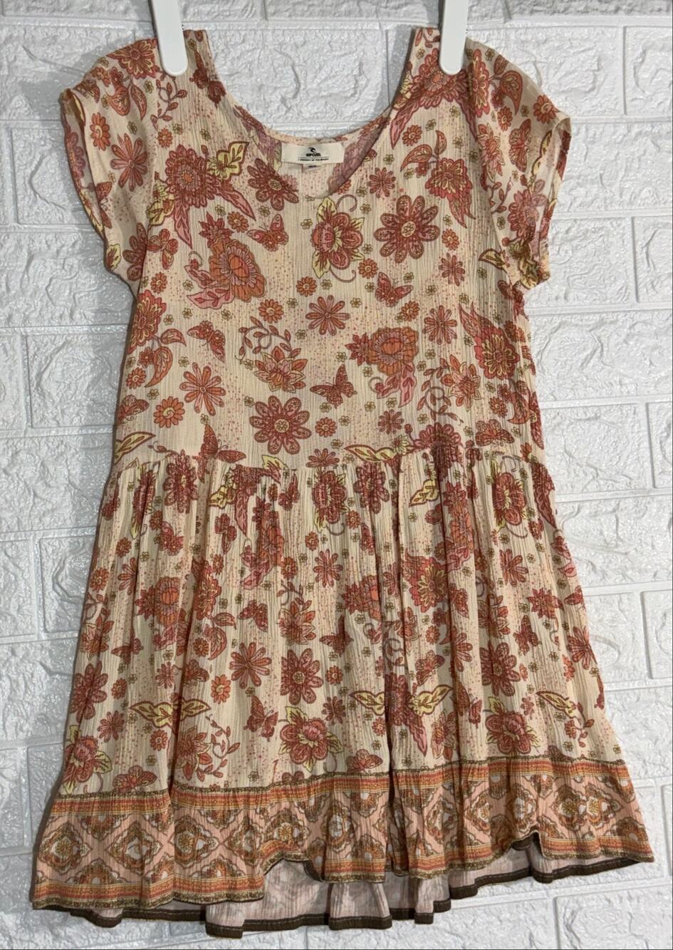 Rip Curl Girls Size 10/S Cream Floral Butterfly Boho Tiered Dress